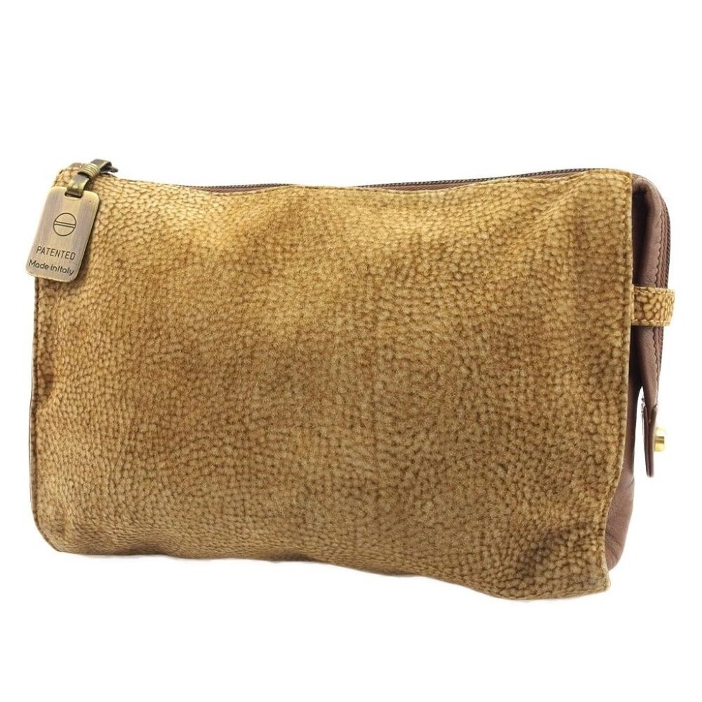 BORBONESE Clutch bag Brown beige gold Women 91038 Authentic secondhand